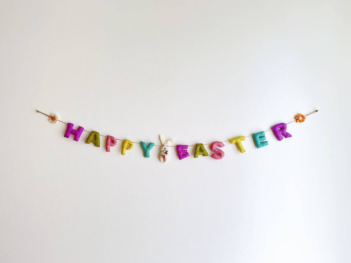 Happy Easter Felt Banner – Handmade Wool Easter Garland with Bunny and Flowers, Spring Home Decor