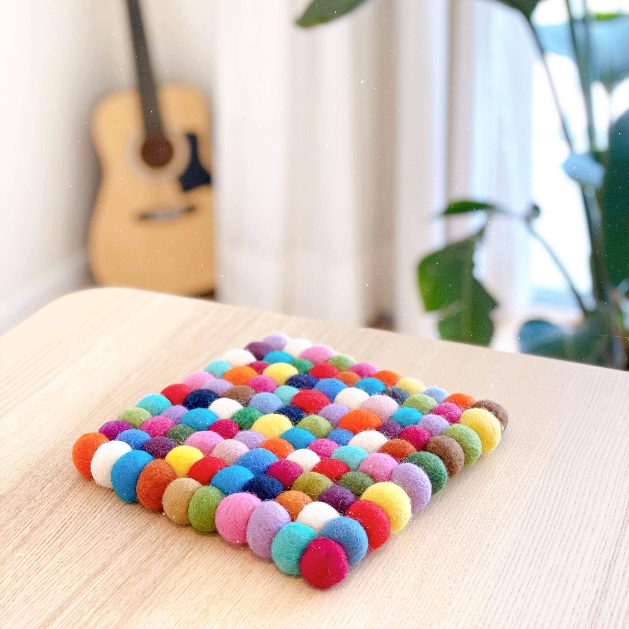 Colorful Felt Ball Trivet – Square Handmade Wool Hot Pad, Cozy Kitchen Table Protector