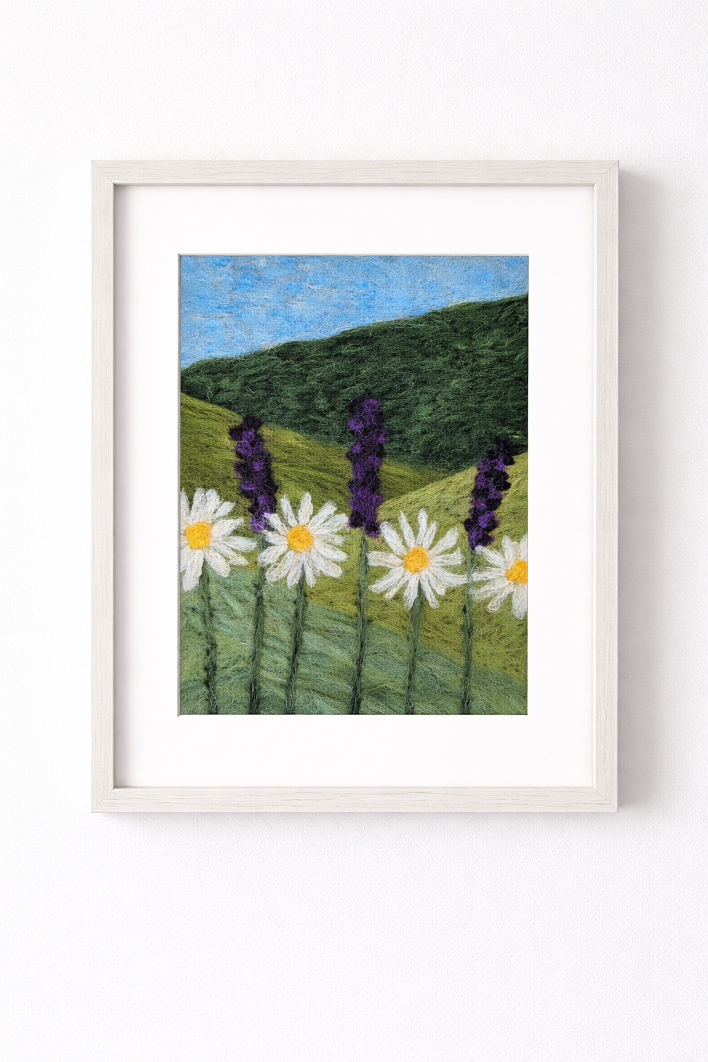 Daisy Meadow Print – Needle Felted Flower Landscape – Cottagecore Wall Art – Wildflower Field – Nature Fiber Art Print