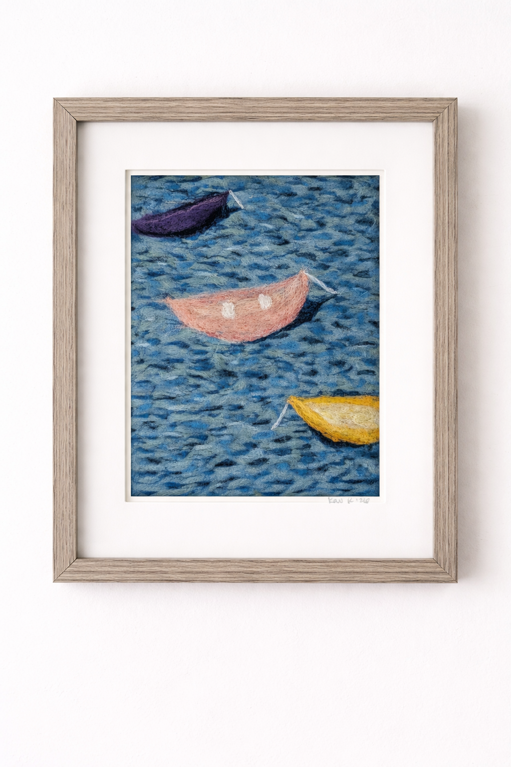 Colorful Boats on Water Print – Needle Felted Lake Scene – Coastal Cottage Wall Art – Nautical Fiber Art – Signed Landscape Print