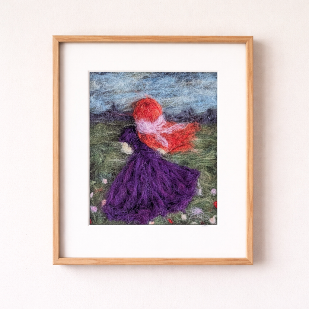 Red-Haired Girl in Meadow Needle Felted Art Print – Whimsical Cottagecore Wall Art