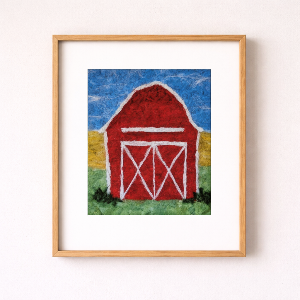 Red Barn Needle Felted Art Print – Rustic Farm Landscape Wall Art