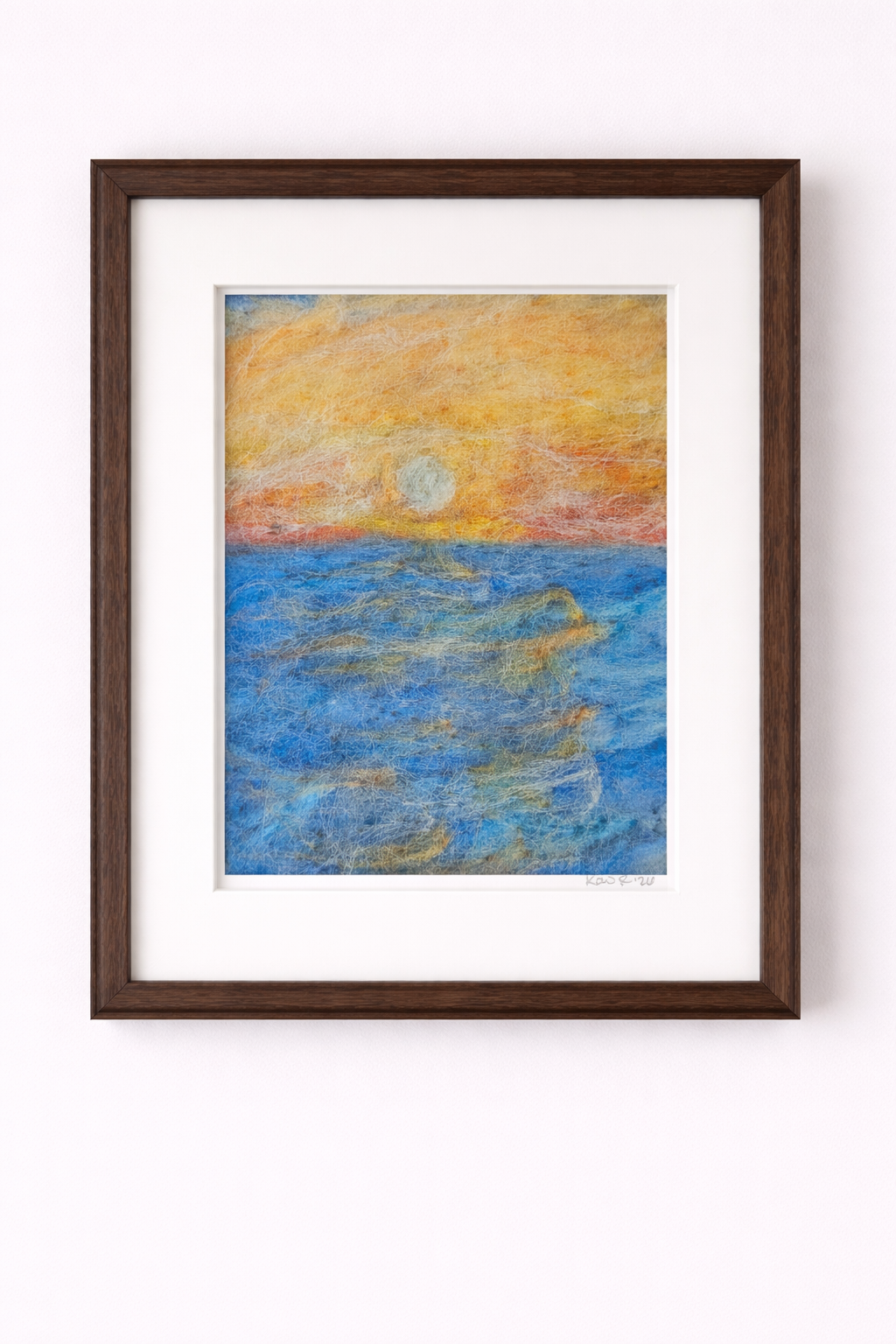 Original Needle Felted Sunset Ocean – Framed Seascape Wool Painting – Coastal Cottage Wall Art – One of a Kind Fiber Art