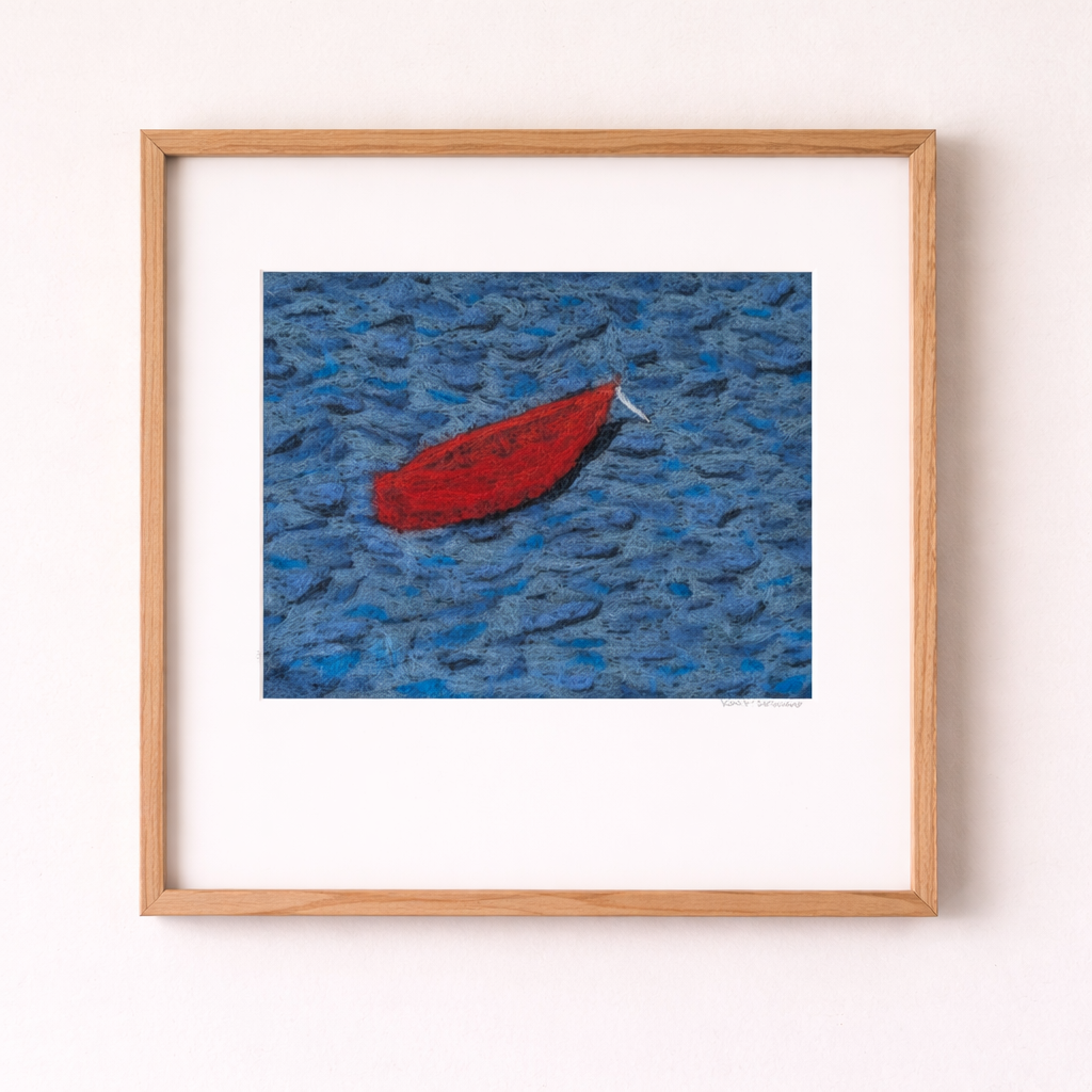 Red Boat on Blue Water Needle Felted Art Print – Coastal Wall Art, Signed Seascape