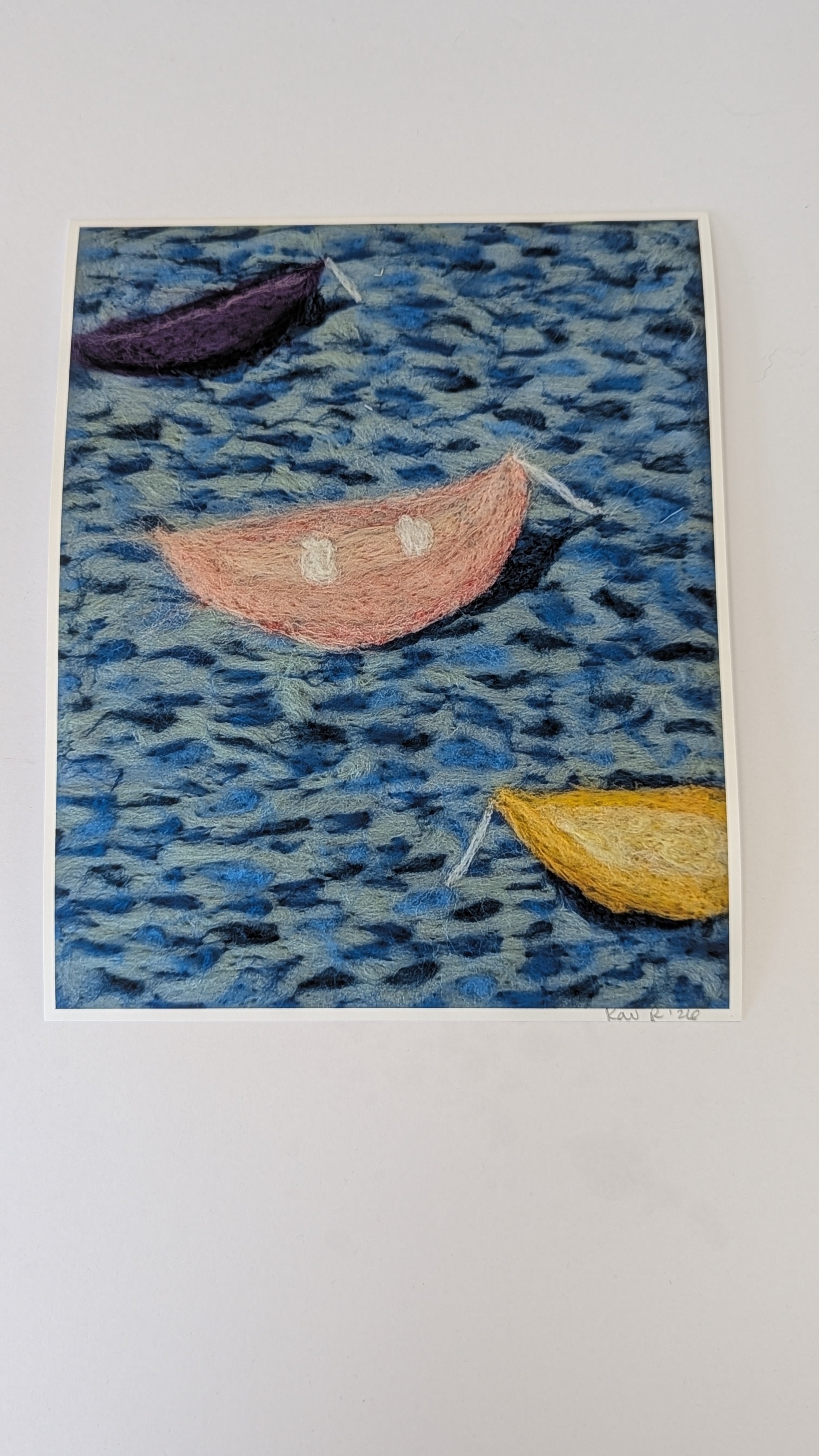 Colorful Boats on Water Print – Needle Felted Lake Scene – Coastal Cottage Wall Art – Nautical Fiber Art – Signed Landscape Print