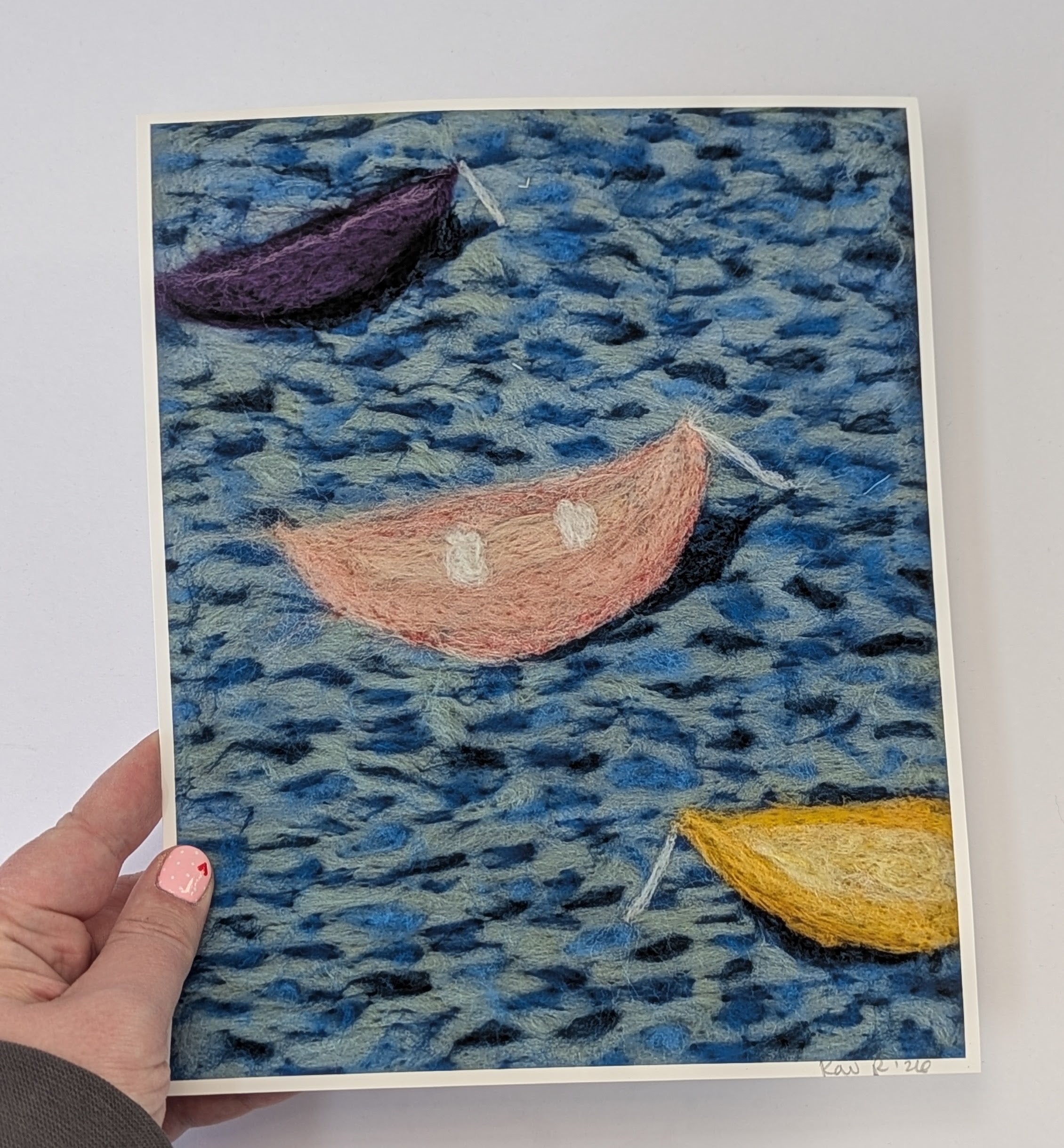 Colorful Boats on Water Print – Needle Felted Lake Scene – Coastal Cottage Wall Art – Nautical Fiber Art – Signed Landscape Print