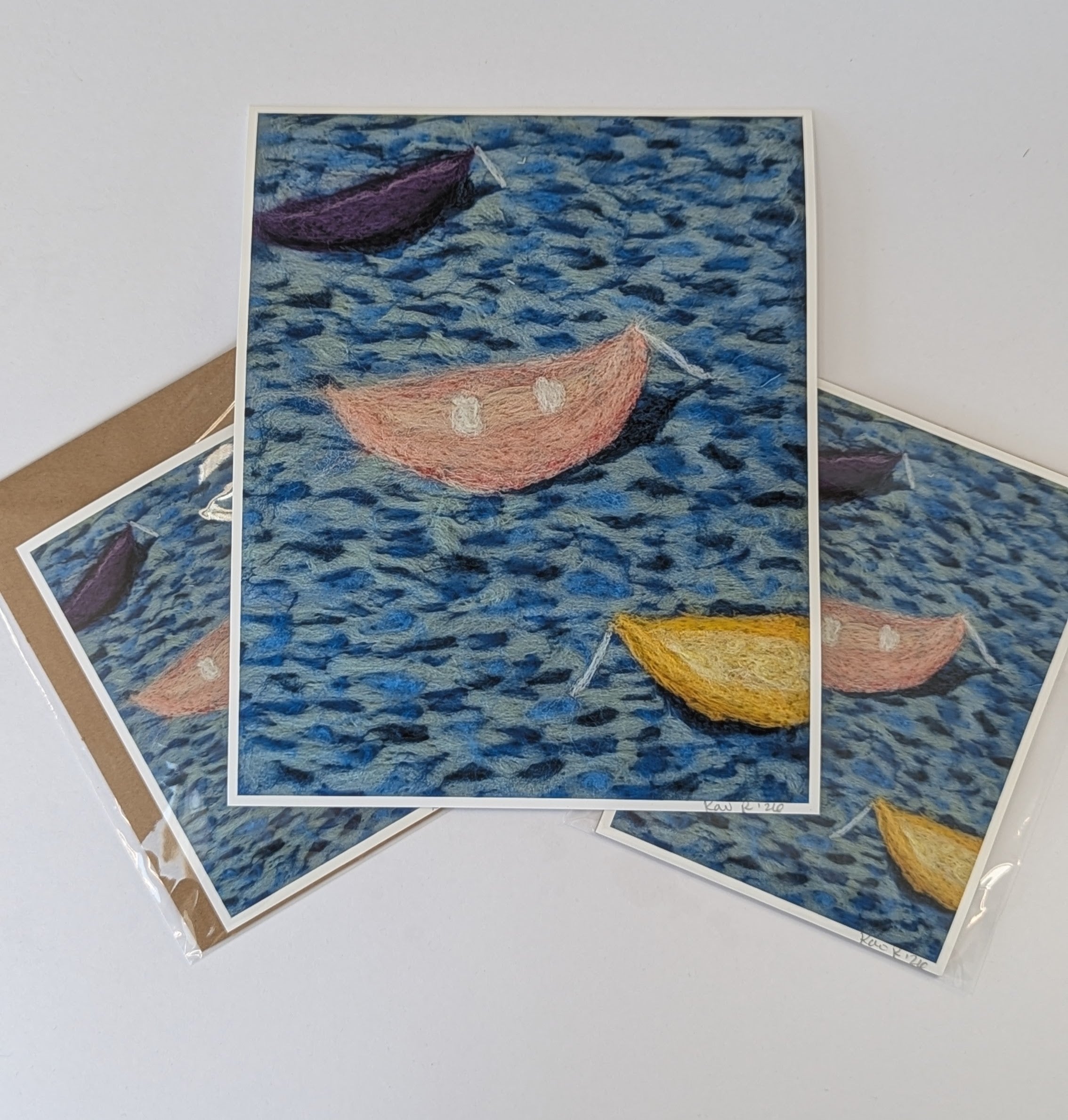 Colorful Boats on Water Print – Needle Felted Lake Scene – Coastal Cottage Wall Art – Nautical Fiber Art – Signed Landscape Print