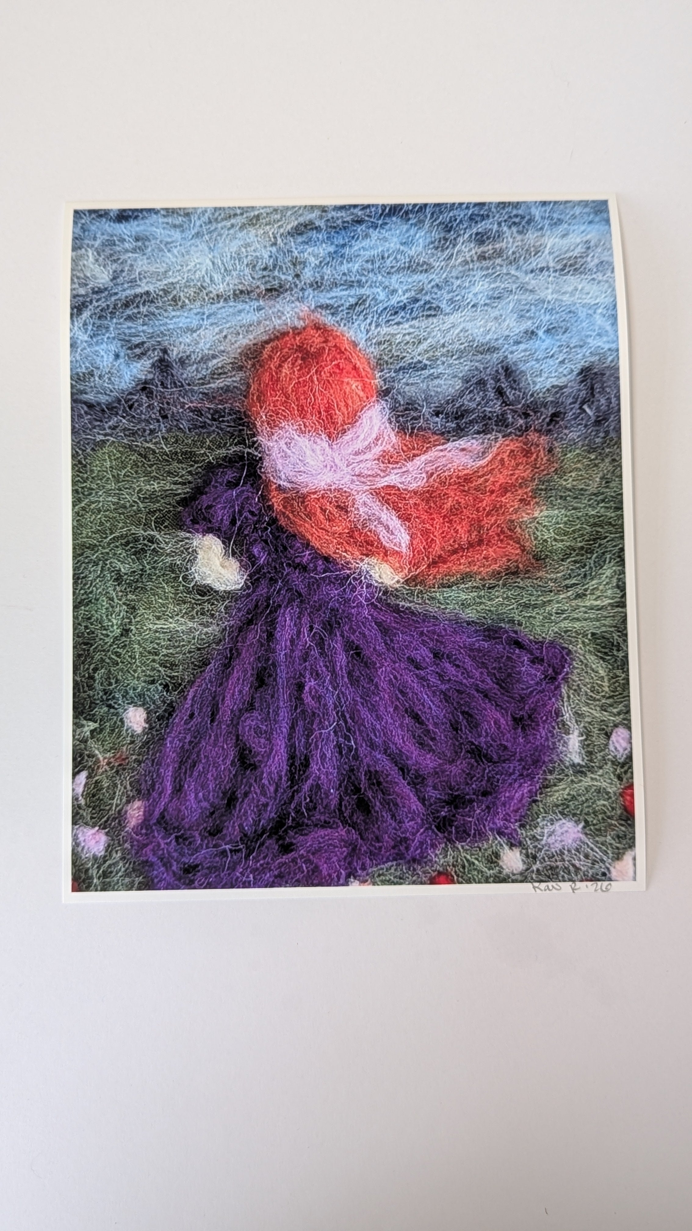 Red-Haired Girl in Meadow Needle Felted Art Print – Whimsical Cottagecore Wall Art
