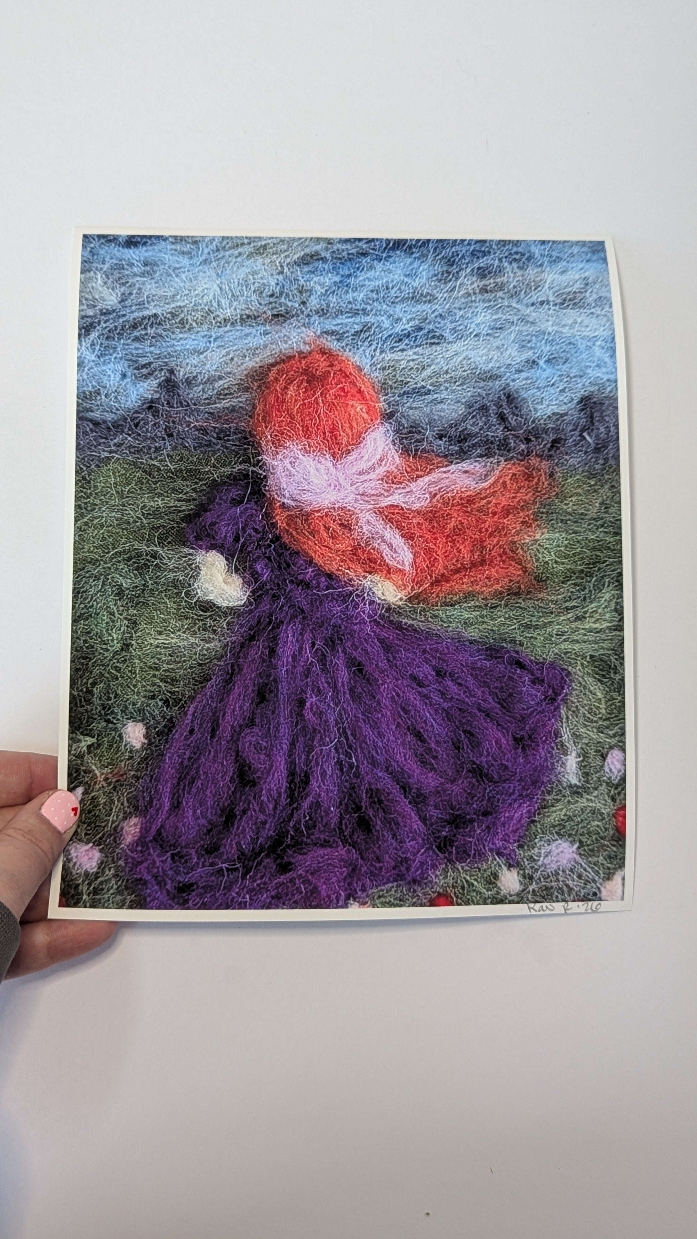 Red-Haired Girl in Meadow Needle Felted Art Print – Whimsical Cottagecore Wall Art