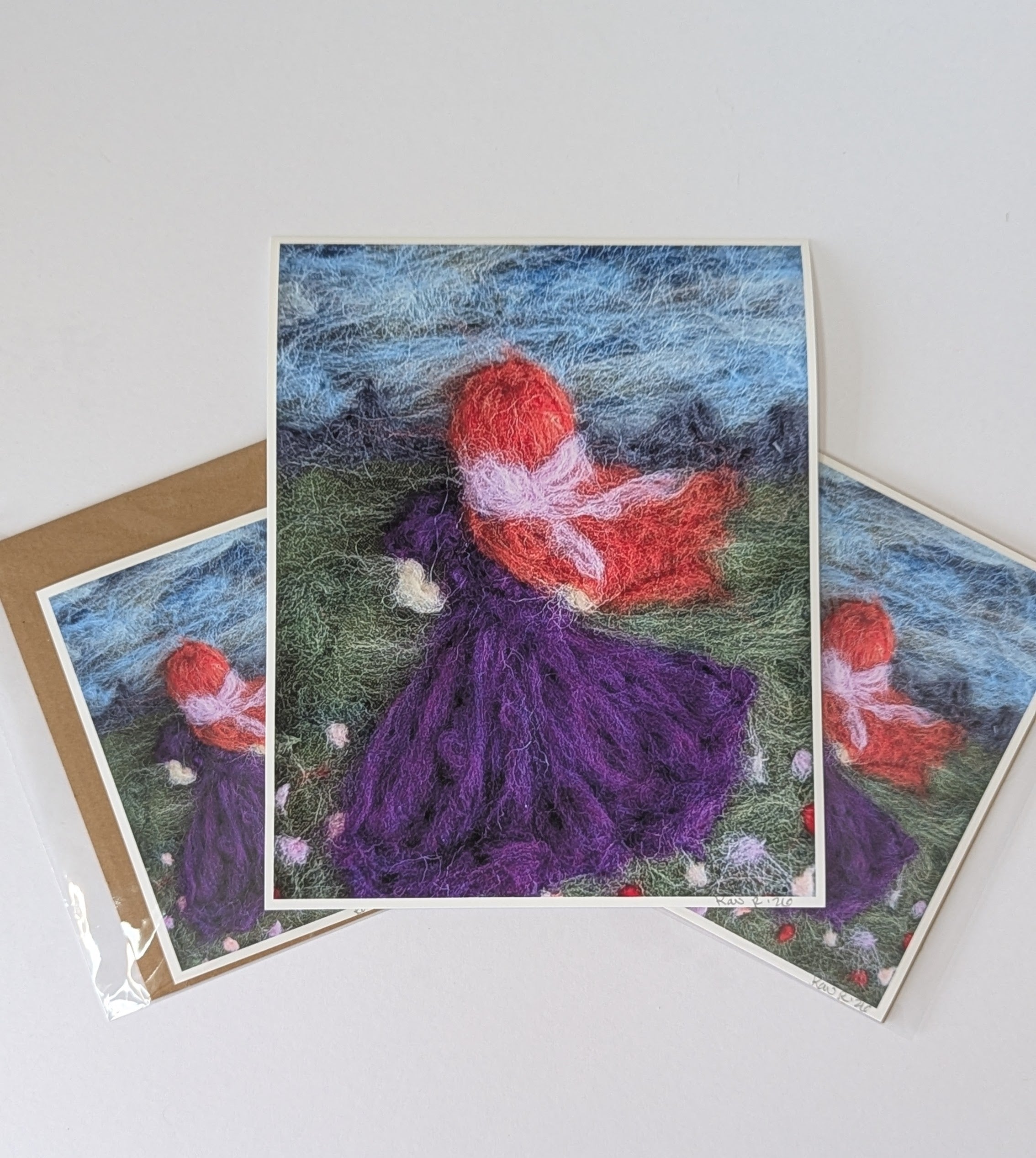 Red-Haired Girl in Meadow Needle Felted Art Print – Whimsical Cottagecore Wall Art