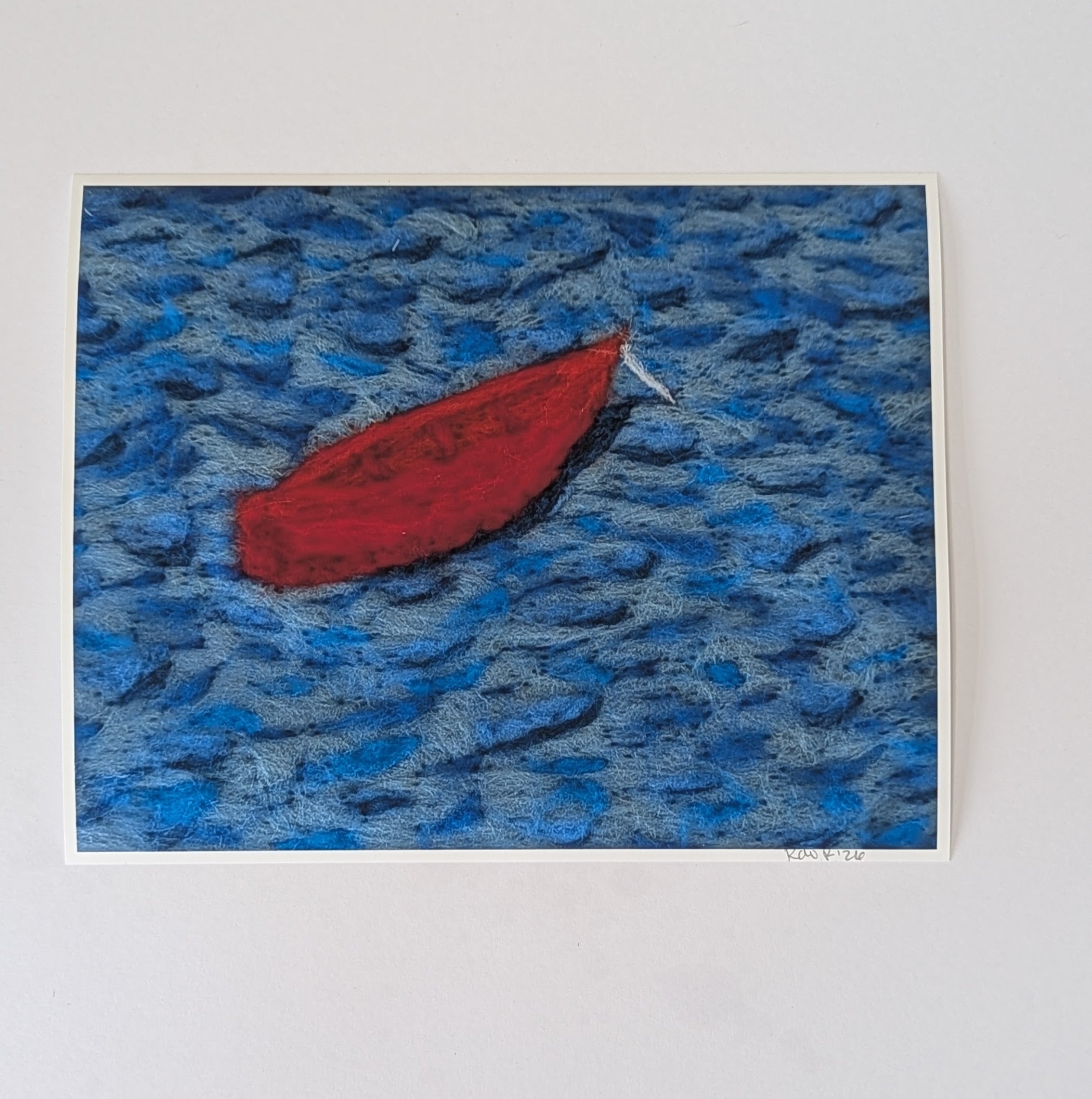 Red Boat on Blue Water Needle Felted Art Print – Coastal Wall Art, Signed Seascape