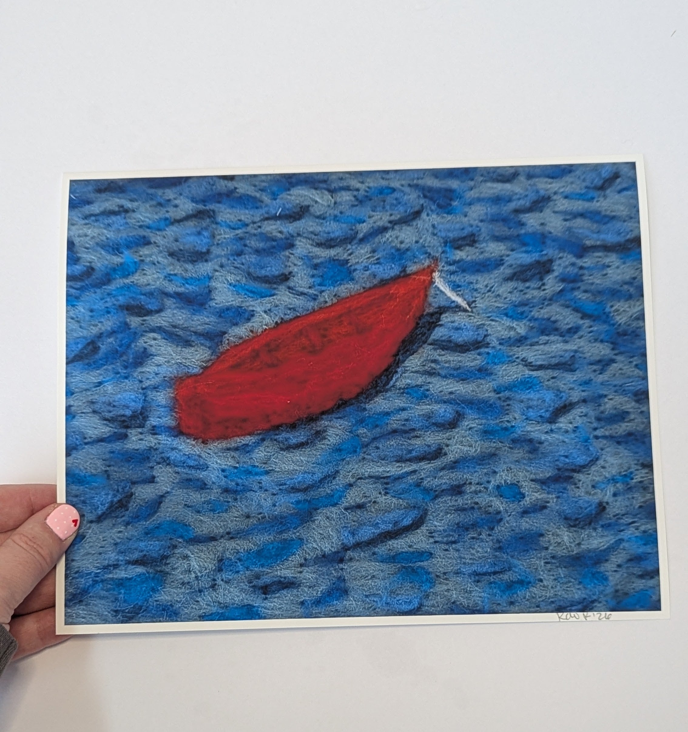 Red Boat on Blue Water Needle Felted Art Print – Coastal Wall Art, Signed Seascape