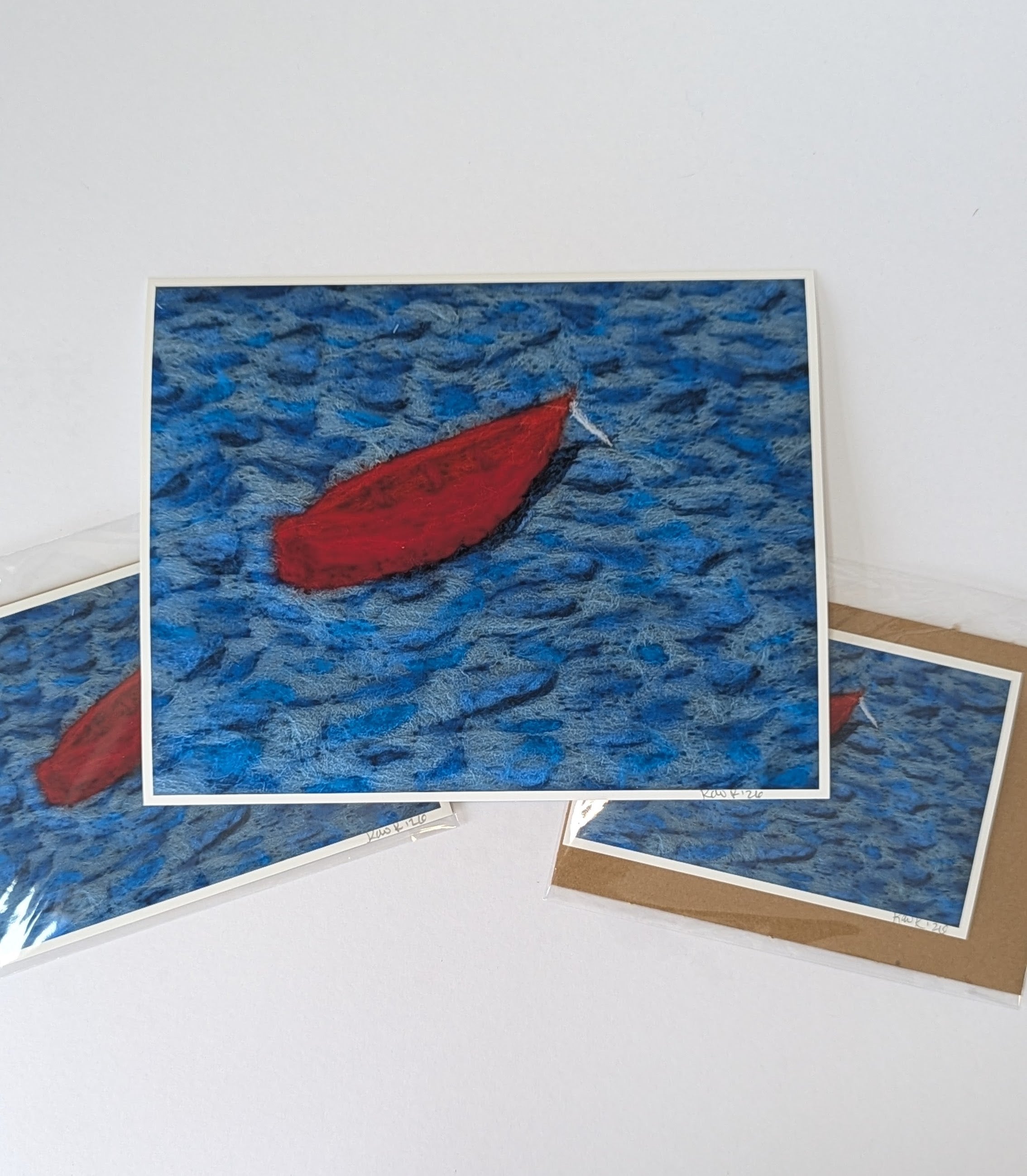 Red Boat on Blue Water Needle Felted Art Print – Coastal Wall Art, Signed Seascape