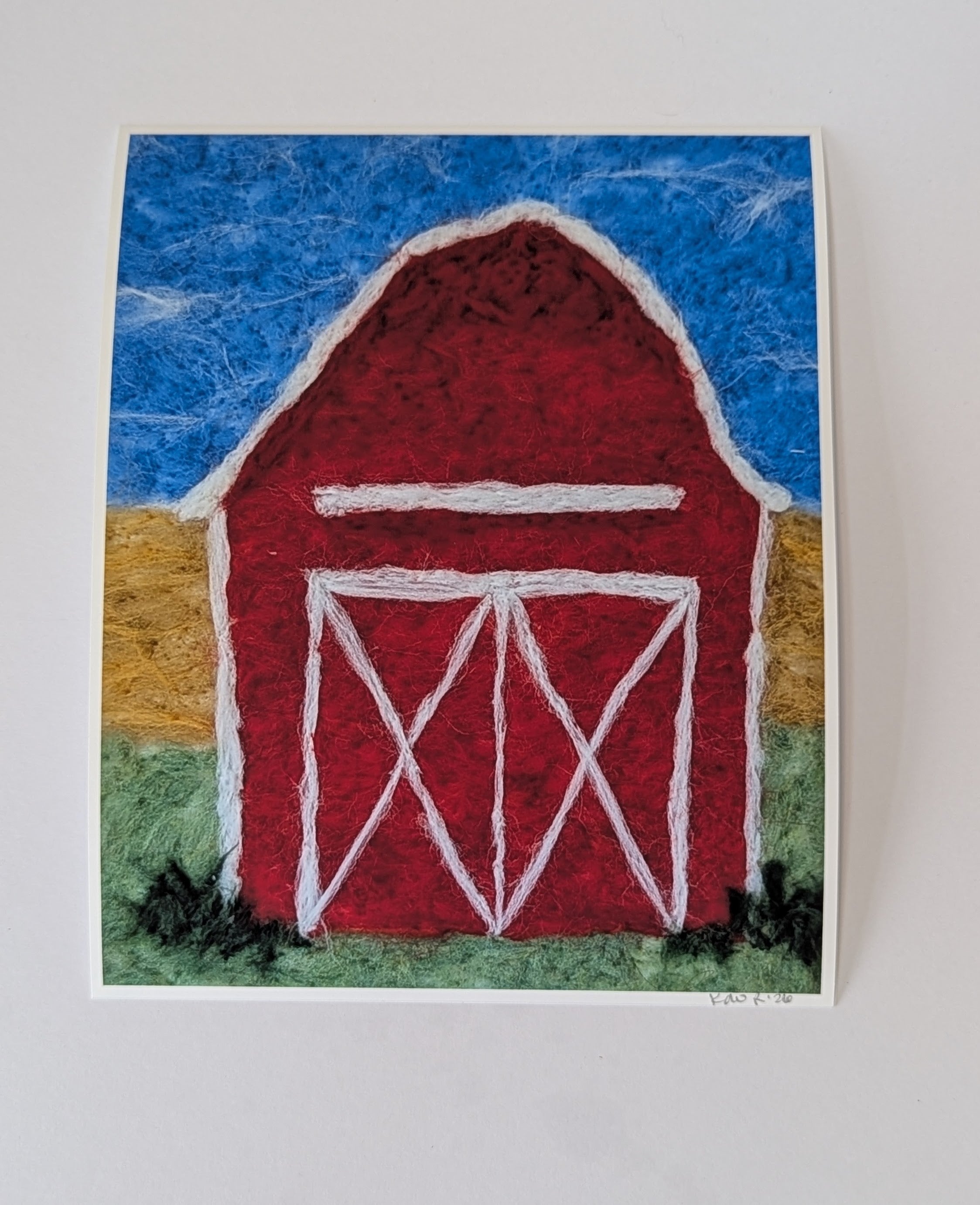 Red Barn Needle Felted Art Print – Rustic Farm Landscape Wall Art