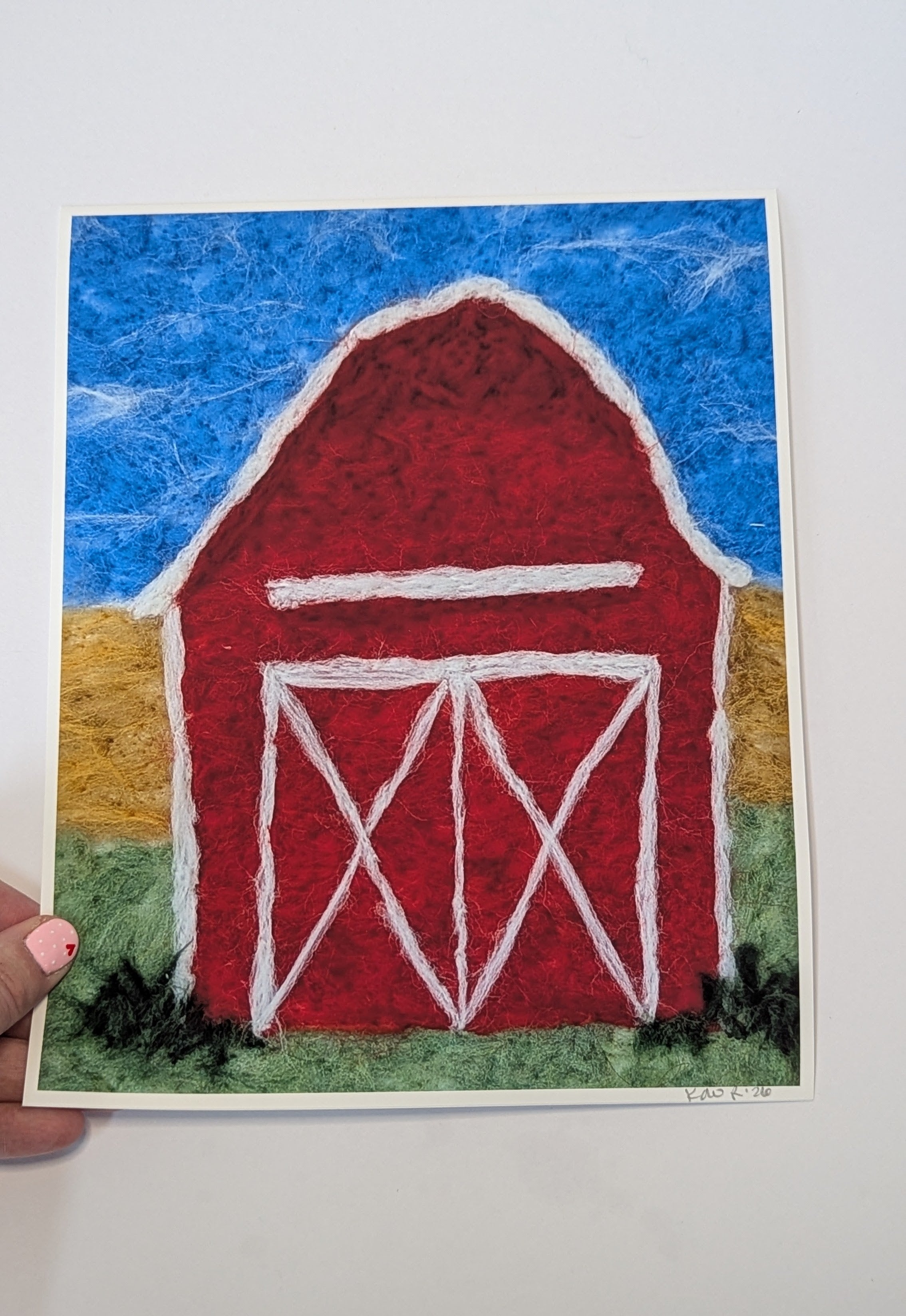 Red Barn Needle Felted Art Print – Rustic Farm Landscape Wall Art