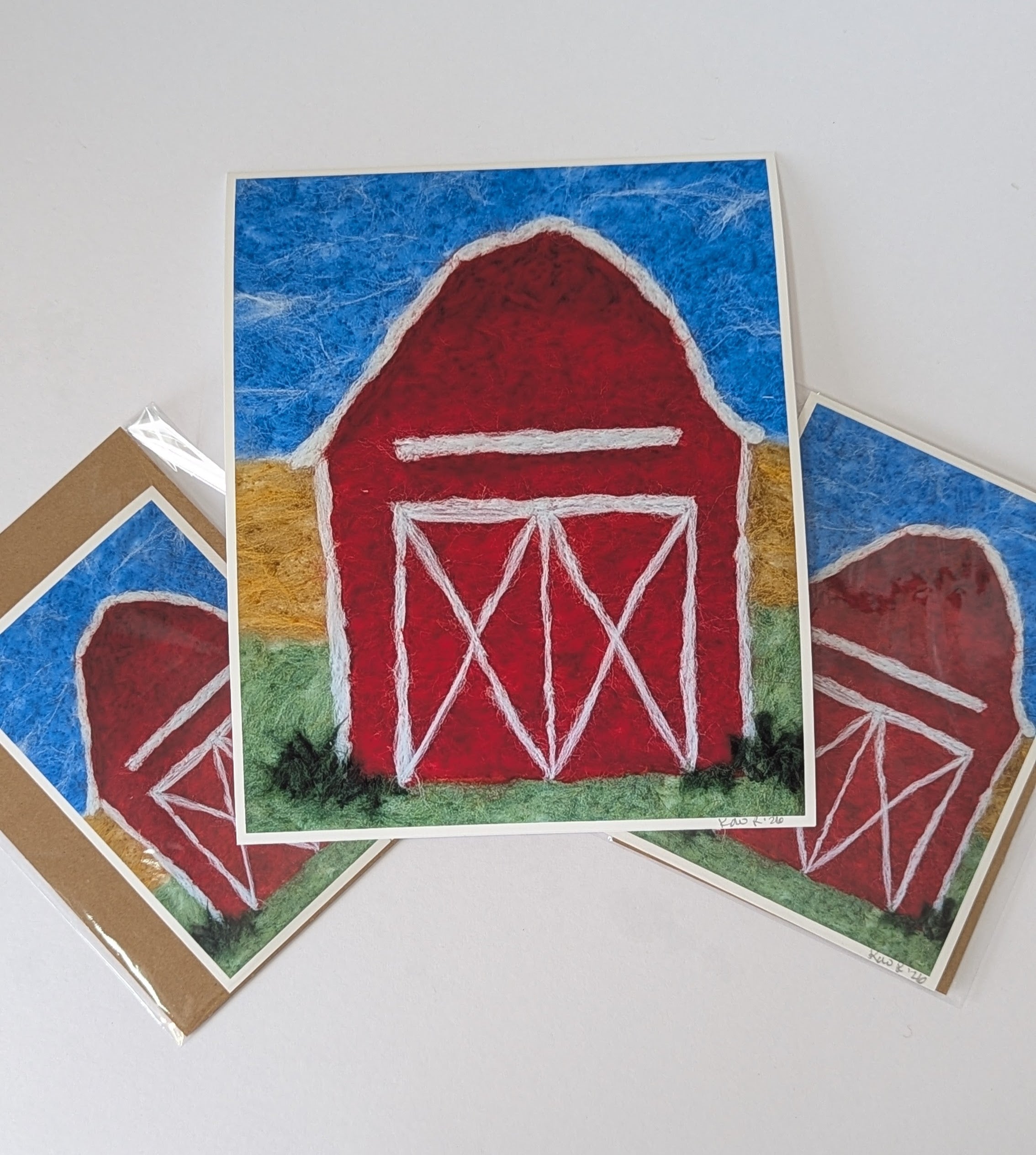 Red Barn Needle Felted Art Print – Rustic Farm Landscape Wall Art