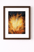 Framed abstract art with fiery design on a white wall