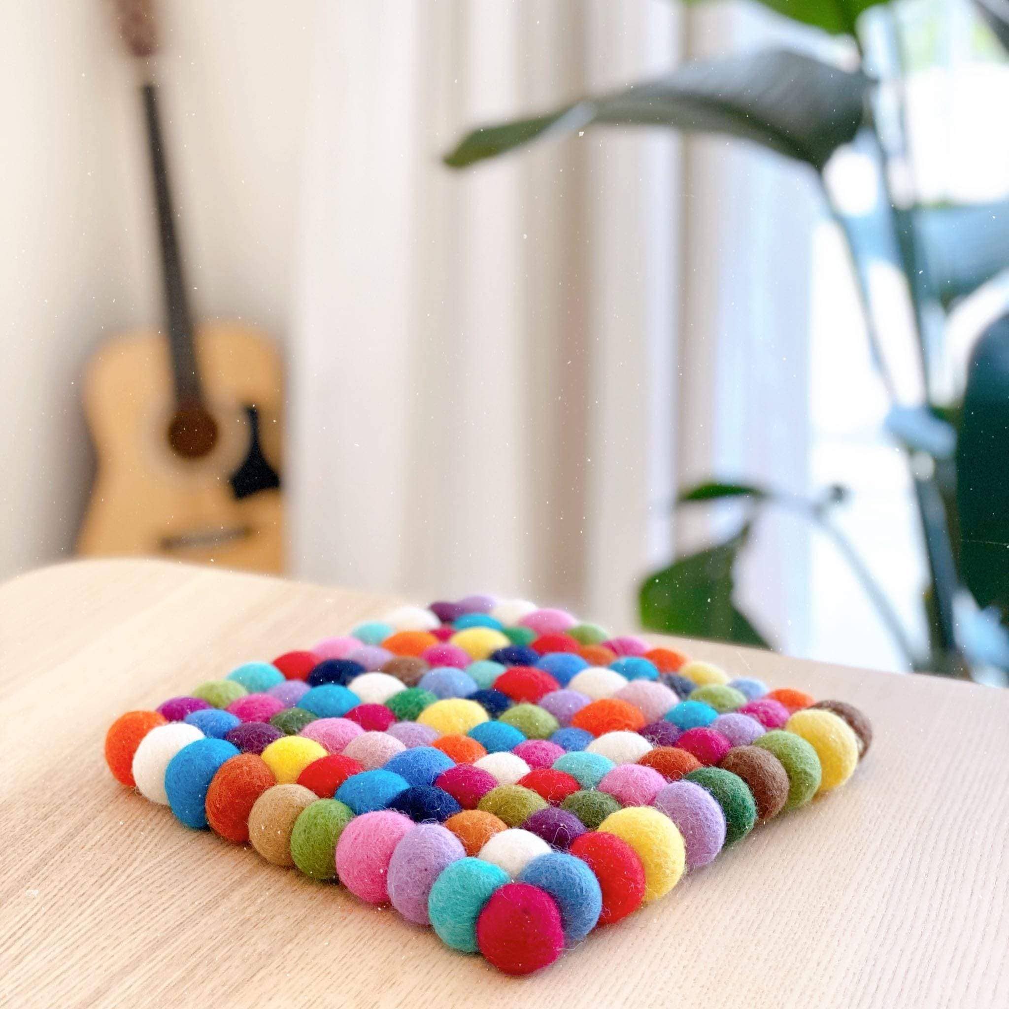 Colorful Felt Ball Trivet – Square Handmade Wool Hot Pad, Cozy Kitchen Table Protector