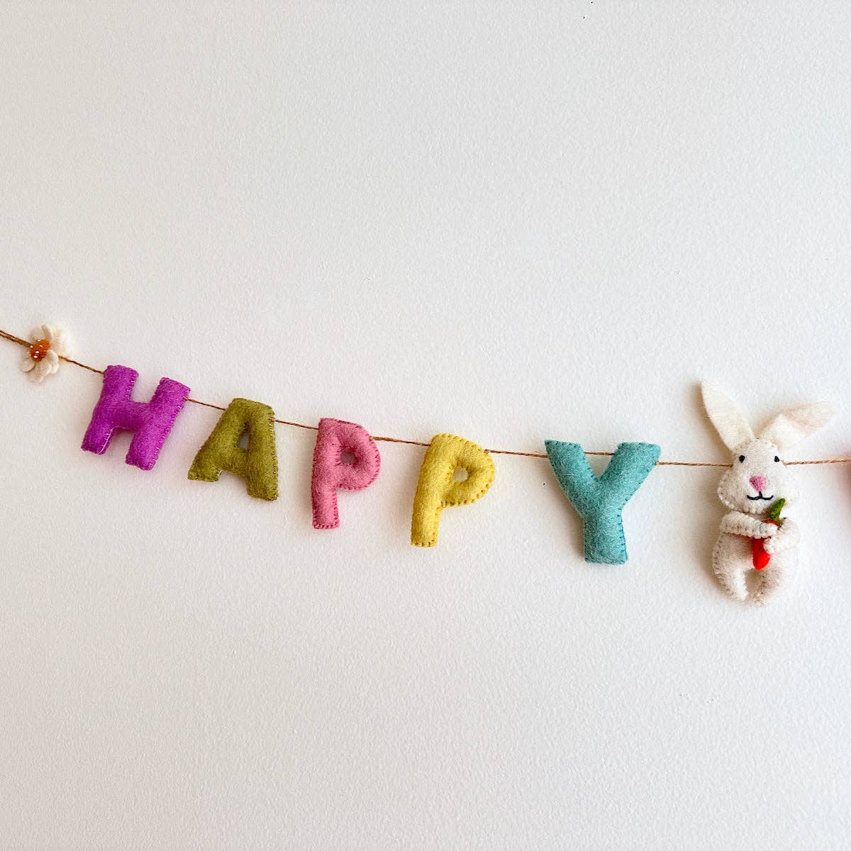 Happy Easter Felt Banner – Handmade Wool Easter Garland with Bunny and Flowers, Spring Home Decor