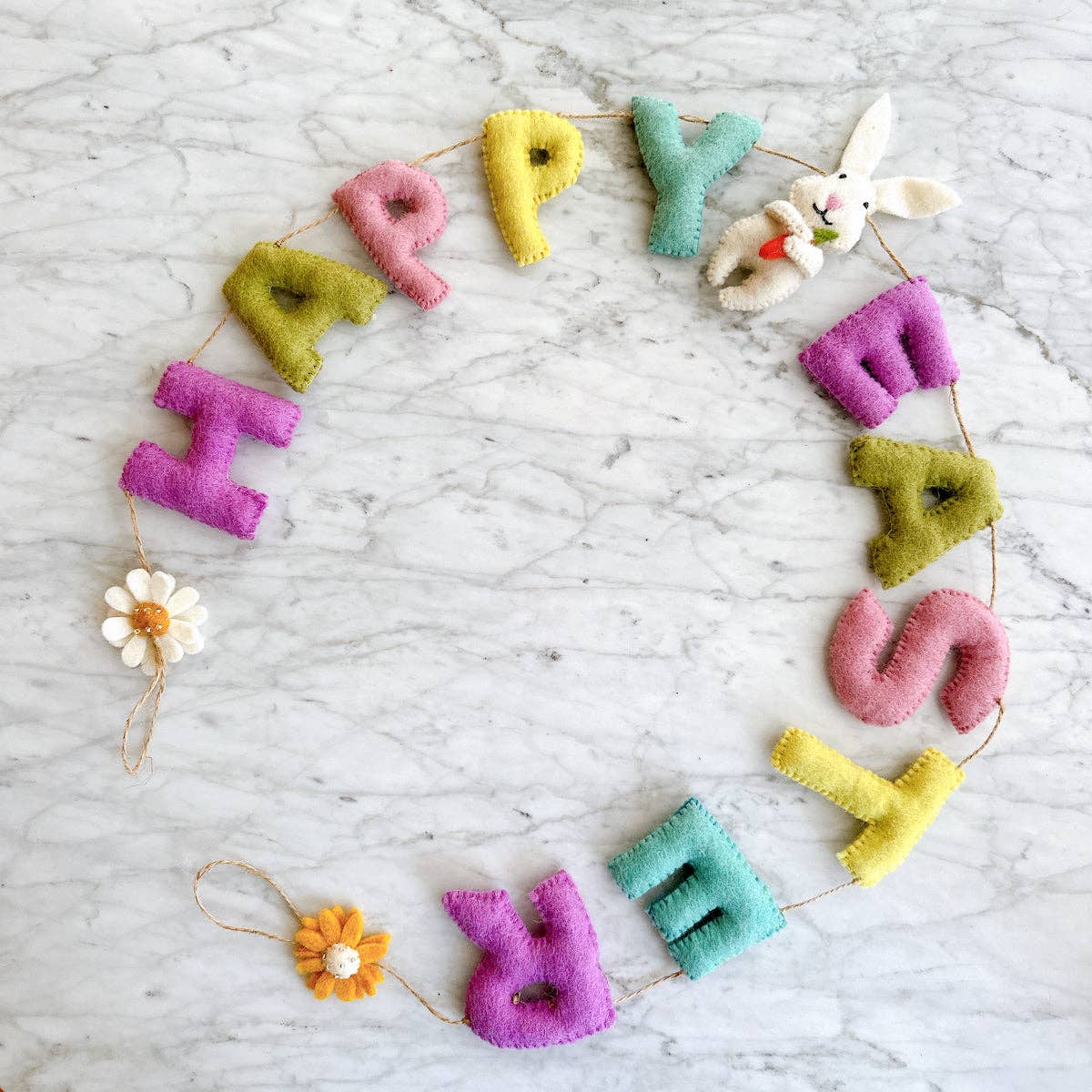 Happy Easter Felt Banner – Handmade Wool Easter Garland with Bunny and Flowers, Spring Home Decor
